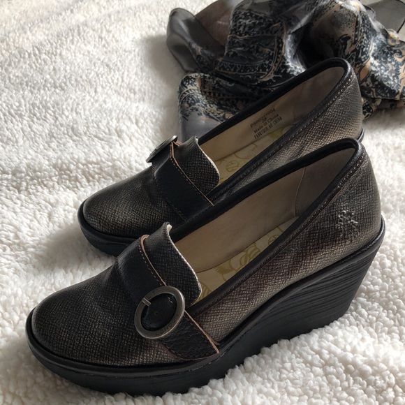 Fly London Yond Wedge Shoes 38 Bronze Gold Leather Suede Slip On Loafers - Picture 4 of 11